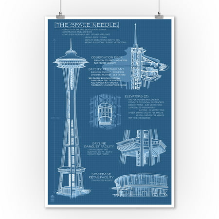 Seattle, Washington - Space Needle Technical Drawing (Blueprint) - Lantern Press Artwork (9x12 Art Print, Wall Decor Travel