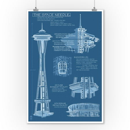 Straight Needles Lantern - Seattle, Washington - Space Needle Technical Drawing (Blueprint) - Lantern Press Artwork (9x12 Art Print, Wall Decor Travel Poster)