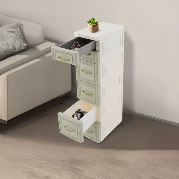 Green Color 5 Layer Slim Storage Organizer, Narrow Storage Cabinet with Movable Wheels, Drawer Type Slim Bathroom Storage Cabinet