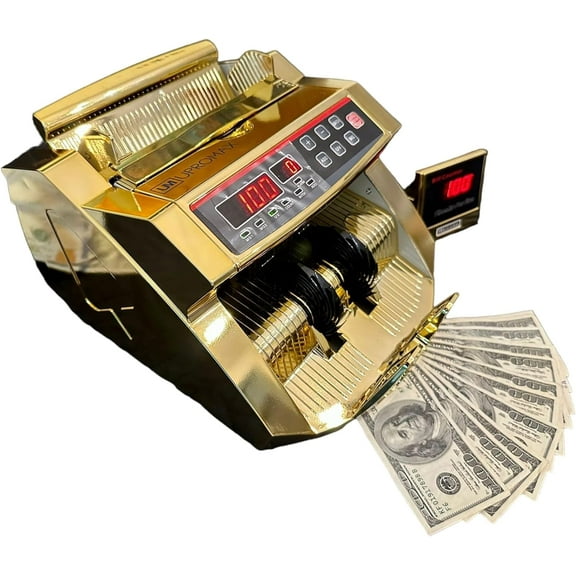 Gold Money Counter Machine UV/MG/IR Money Counterfeit Detector & Bill Portable w/LED External Display - Fast Speed 1000 Bills a Minute - USD EUR Cash Banknote Bill Counter