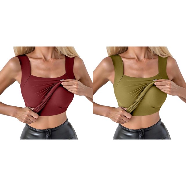(2-Pack) Rinsvye Womens Seamless Compression Tank Top Slimming Square Neck Fitness Shirt Body Workout Top Wicking Sportswear