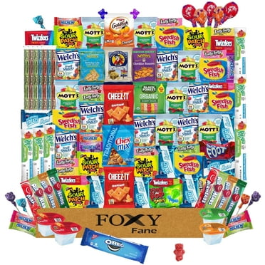 Foxy Fane 100-Count Snack Box - Unbox 100 Delicious Snacks! Cheerful Variety of Crackers, Cookies, Candy & Chips - Perfect Holiday Gift for Kids & Teens for Thanksgiving, Christmas & New Year's