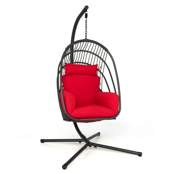 Costway Hanging Folding Egg Chair with Stand Soft Cushion Pillow Swing Hammock Red