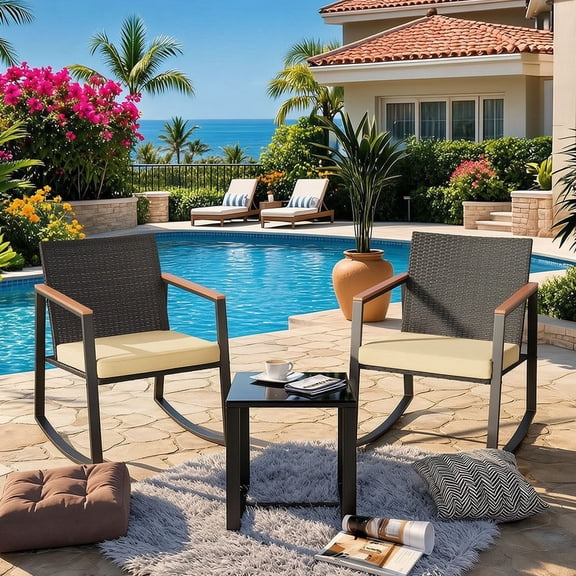 3 Pieces Patio Furniture Set, Aiho Wicker Patio Table and Chairs Set with Coffee Table for Outdoor Garden, Balcony, Poolside, Beige Cushion