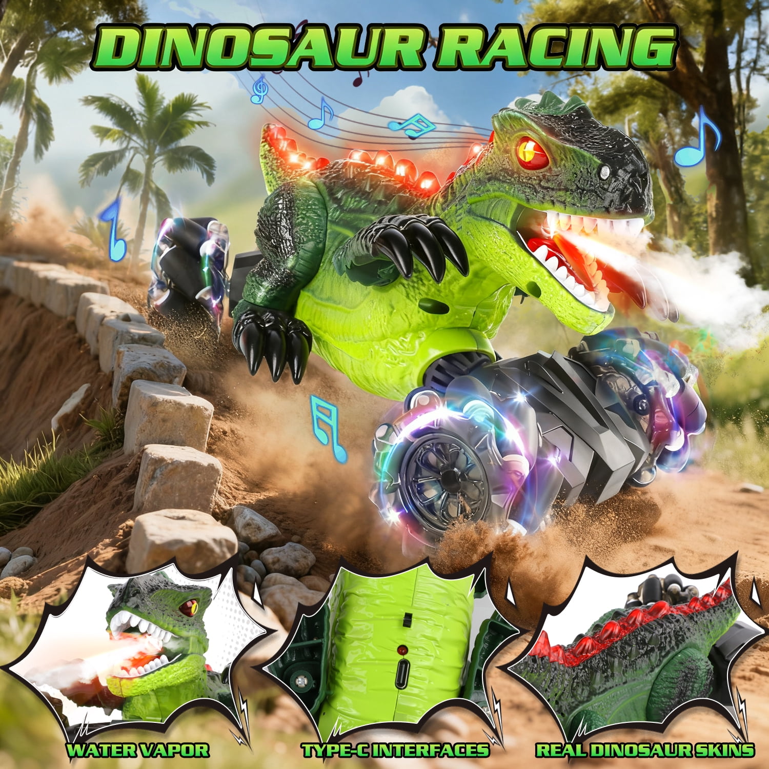 UUSUOO Dinosaur Remote Control Car, 4WD Rechargeable RC Stunt Car with Spray, LED Lights, Music, 360° Rotation, 2.4GHz Remote Control Dinosaur Monster Truck Gift