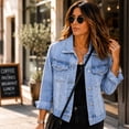 thumbnail image 6 of Dweltoz Womens 3/4 Sleeve Short Denim Jacket Button Up Lapel Collar Washed Jean Jacket Coat Casual Outing Trendy Coat with Pockets,Light Blue 2XL, 6 of 6