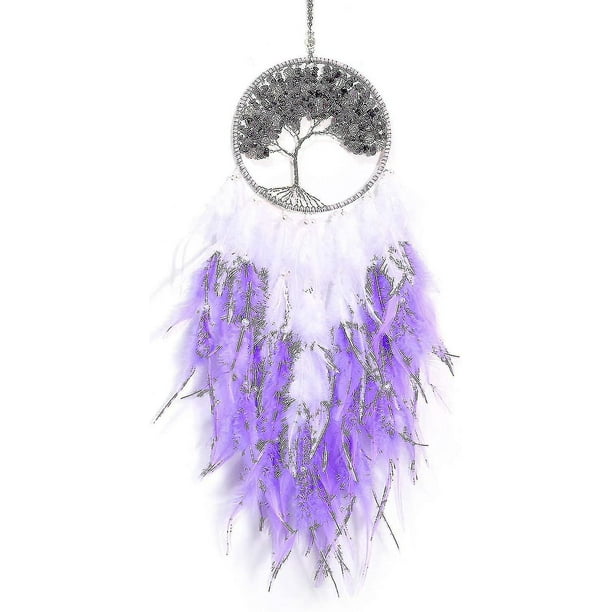 Atrapasueños del árbol de la vida, Atrapasueños, Campana de viento decorativa para colgar en la pared móvil con plumas grandes hechas a mano (1 pieza - Púrpura) Jinxiu