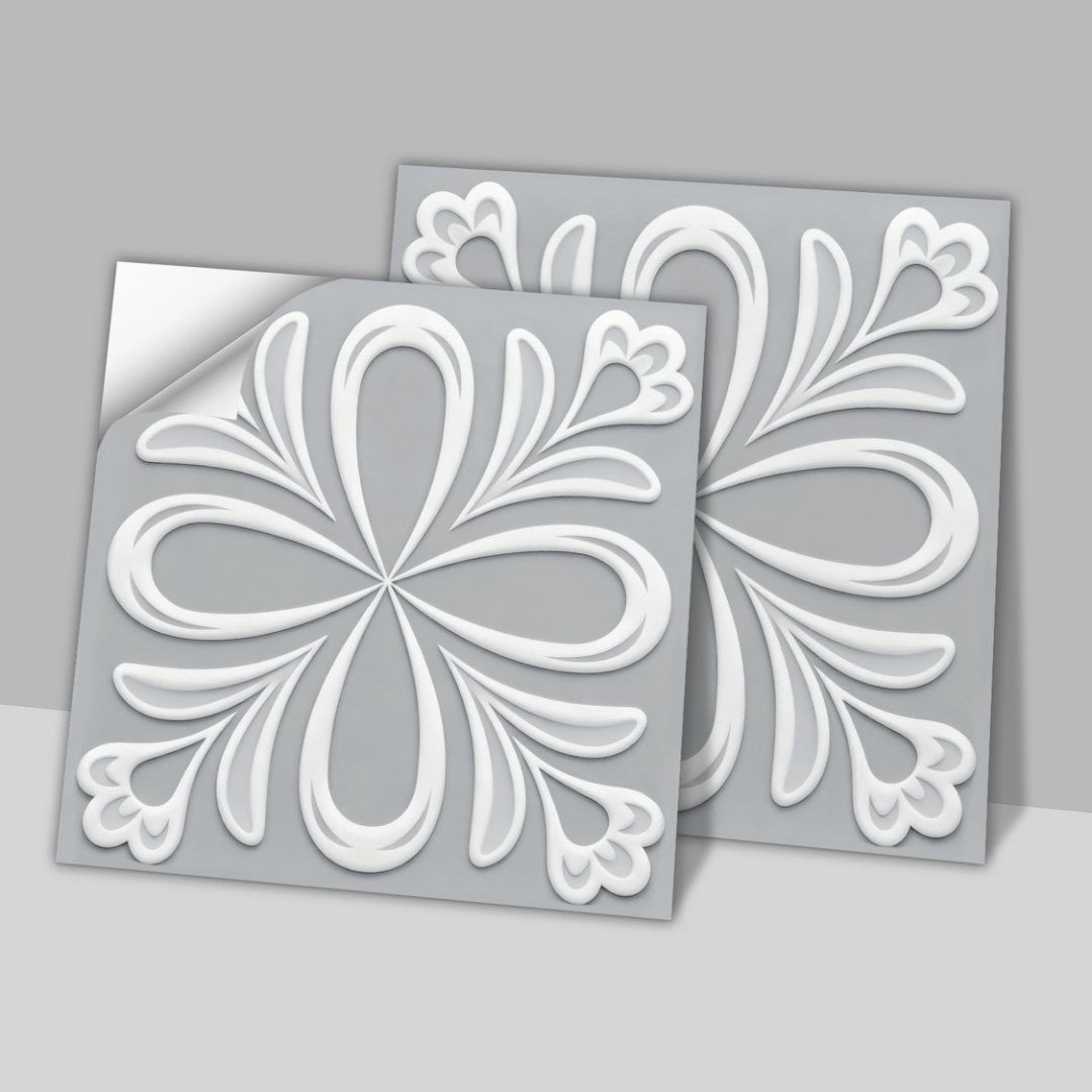 24Pcs Matte PVC Tile Sticker Waterproof Peel and Stick Backsplash 7.87" x 7.87" Gray White Flowers Wall Stickers Self Adhesive DIY Decor Decals