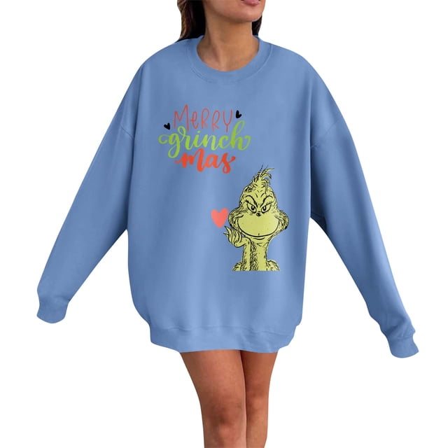 Grinch Chandail en Molleton Femme Grande Taille Mode Décontractée Imprimé de Noël Manches Longues Col Rond Chandail Ample Chandails en Molleton Grinch Imprimé, L