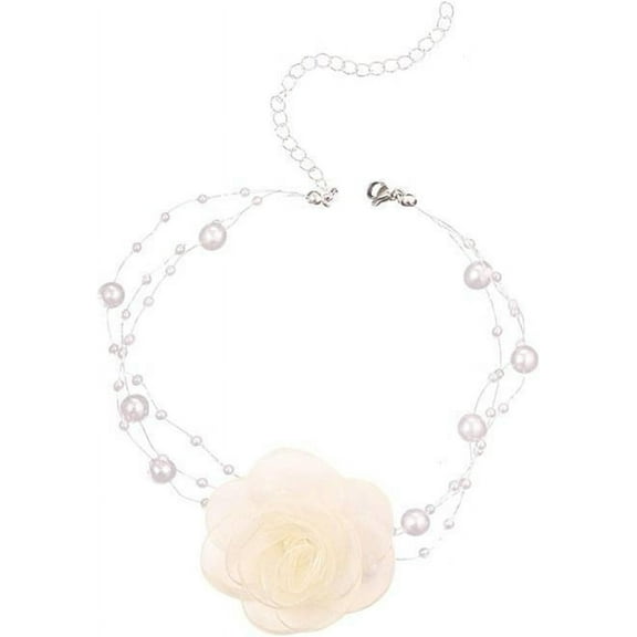Rose Flower Pearl Choker Necklace Boho Layered White Black Artificial Lace Camellia Flowers Floral Rosette Fabric Fairy Collar Necklace for Women Wedding Bridal Prom Party Trendy Jewelry Gifts