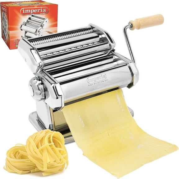 Imperia Pasta Maker Machine - Heavy Duty Steel Construction w Easy Lock Dial and Wood Grip Handle- Model 150 Made in Italy
