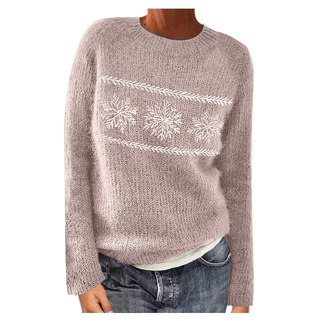 Frostluinai Chandails Flocon de Neige pour Femmes Manches Longues Chandails Raglan Col Rond Tricot Vintage Chandail Automne Imprimé Île Féerique