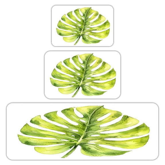 RKSupls Kitchen Rug Set 3 Piece Anti-Slip Flannel Floor Mats, Monstera Leaf Watercolor Washable Absorbent Runner Mats for Kitchen Bathroom Home Decor