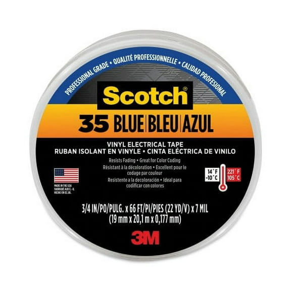 2PK 3M Scotch 35 Vinyl Electrical Color Coding Tape, 3" Core, 0.75" x 66 ft, Blue (10836)