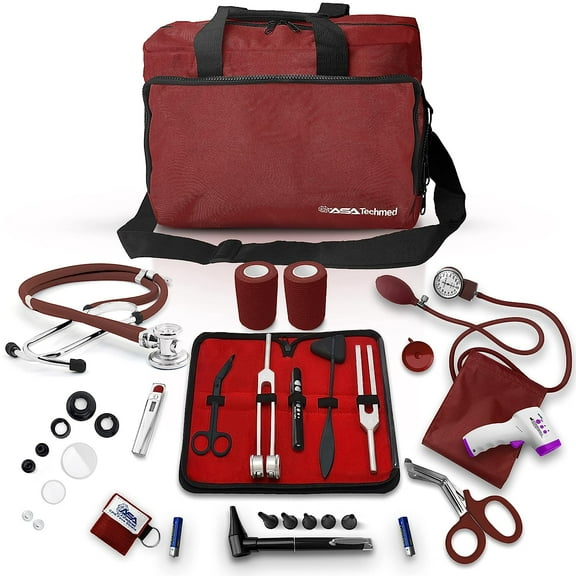 ASATechmed Nurse Starter Kit - Stethoscope, Blood Pressure Monitor, Tuning Forks, and More - 18 Pieces Total (Burgundy)