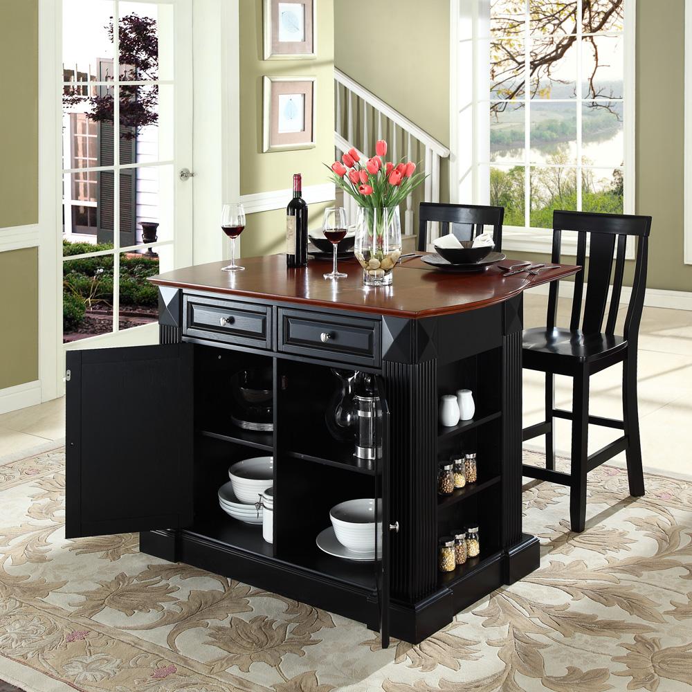 Drop Leaf Breakfast Bar Top Kitchen Island with 24" Shield Back Stools-Finish:Black - image 2 of 4