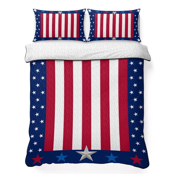 King Quilt Bedding Set Independence Star and Striped Flag Summer Quilt Lightweight Quilted Coverlet with 2 Pillow Shams, Patriotic Red White Blue 3-Piece Bedspread Quilt Set for All Season