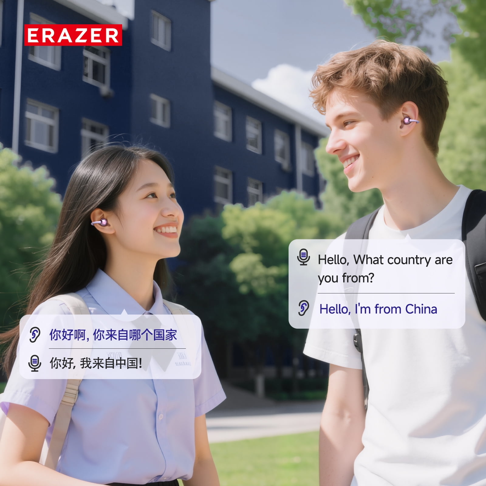 ERAZER XF36 Bluetooth 6.0 Wireless Clip-on Open-Ear Earbuds with AI Translator for 130+ Languages, Noise-Cancelling Headphones, 40H Playtime, IPX5 Waterproof, Purple