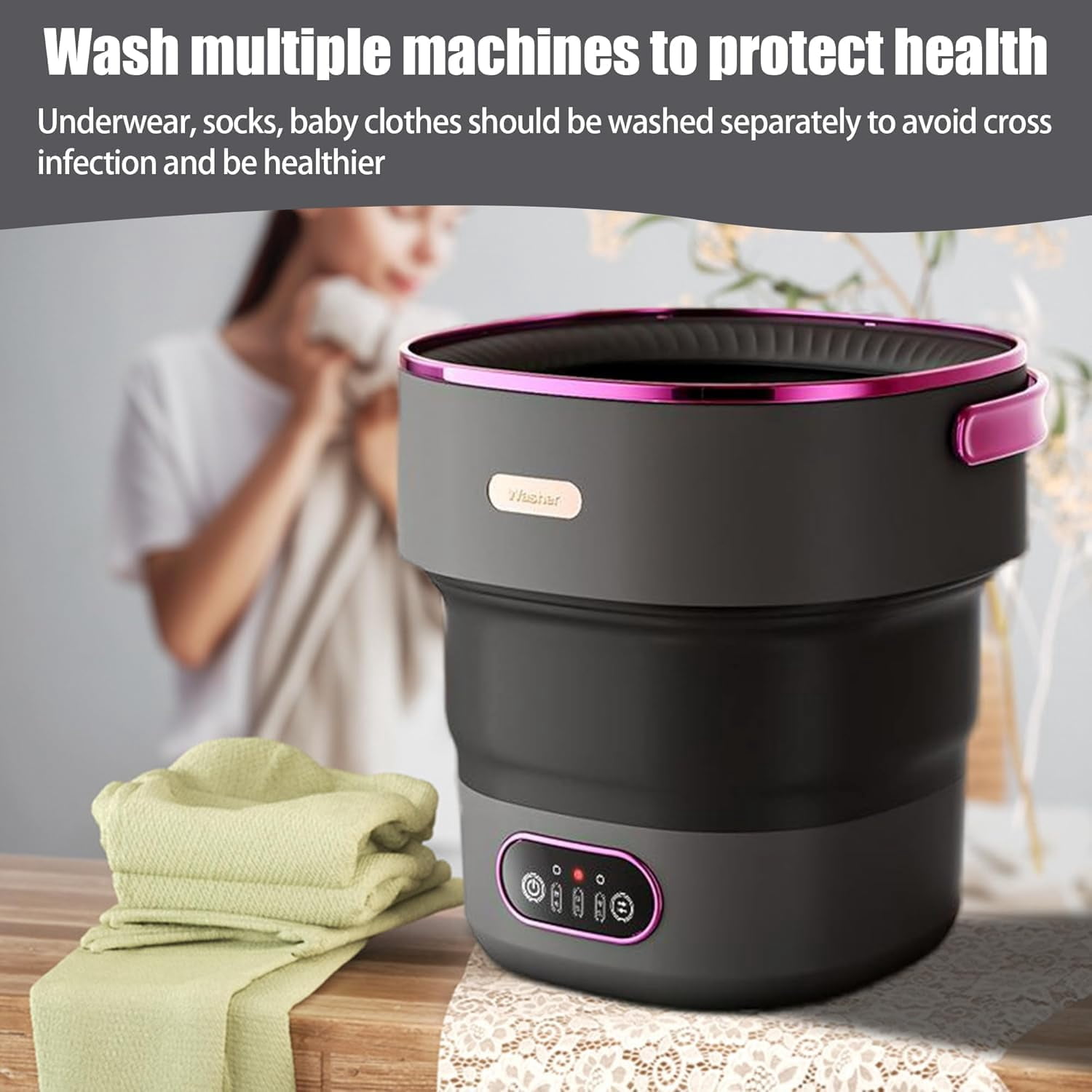 Historyli Portable Washer, 13L, with 3 Cleaning Modes, Mini Washing Machine, Black Purple