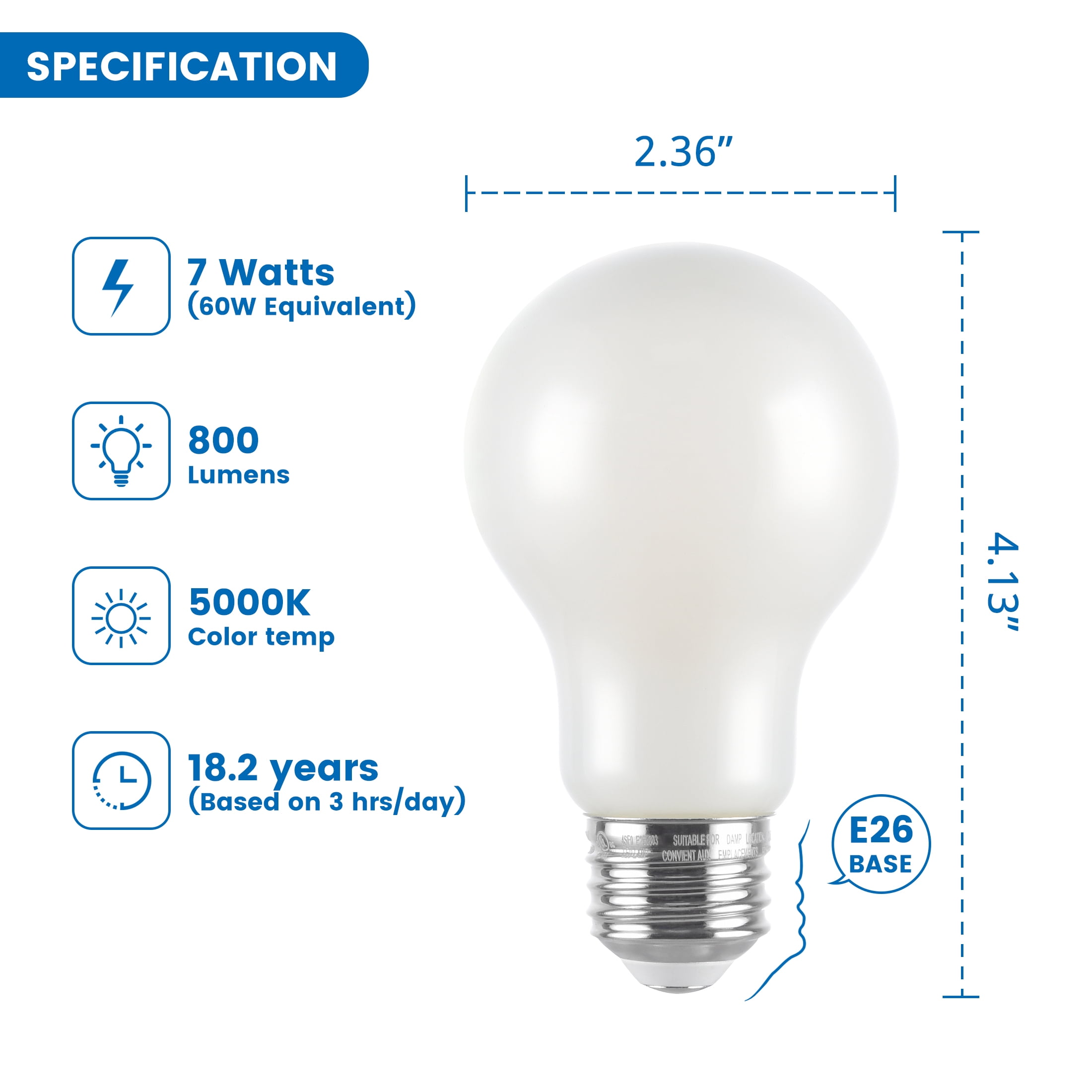Great Value 18YR A19 LED Light Bulb, 7W (60W Equivalent) Dimmable Daylight White E26 Base (24 Pack)