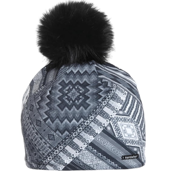 Turtle Fur Pom Pom Comfort Shell UV Comfort Plush Lined Faux Fur Pom Beanie, All Patched Up