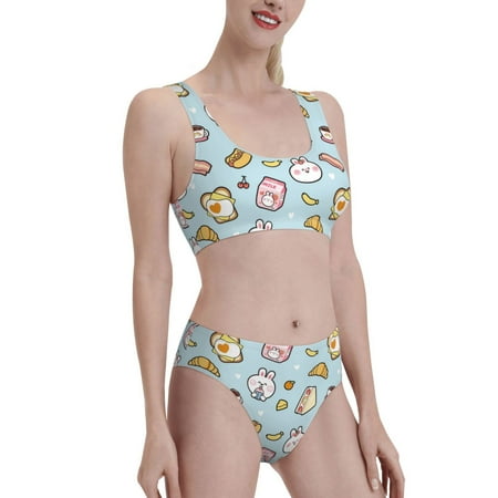 Uemuo Rabbit Burger Coffee Printed Women s High Waisted Bikini Sets Sporty Two Piece Swimsuits Color Block Cheeky High Cut Bathing Suits-Large