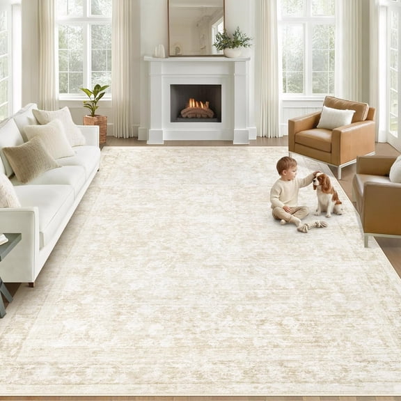 Washable 8 Foot by 10 Foot Vintage Floral Area Rug Low Pile Non Slip Boho Carpet Beige