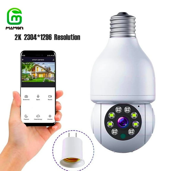 Light Bulb Camera E27 3MP 1296P Resolution Home Wifi Security Camera, Smart 360 PTZ Indoor/Outdoor Bulb Security Camera, Remote Voice Intercom HD Night Vision Works with Alexa