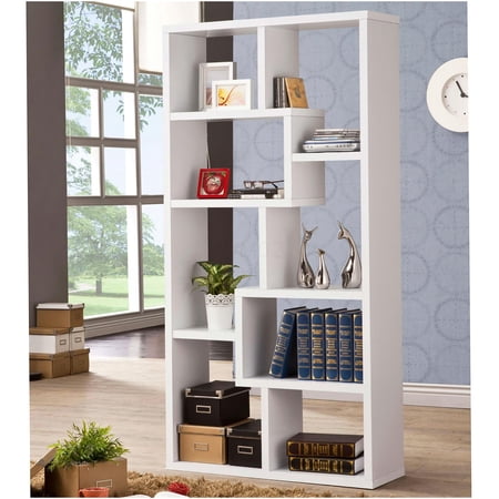Modern White Geometric 8-Tier Bookcase, Wood Storage Shelf Unit for Living Room, Office