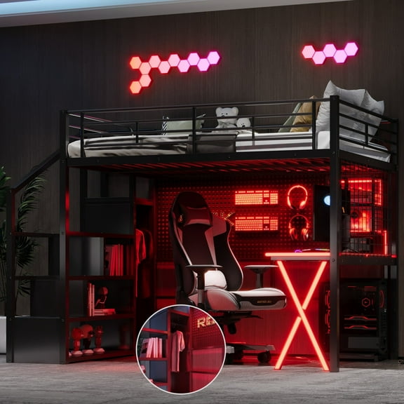 Full Size Metal Loft Bed with Built-in Desk, Wardrobe, Storage Stairs and LED Lighting, Black