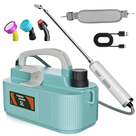 FOUKUS Battery Powered Sprayer: 1.35 Gallon/5L Electric Sprayer with USB Rechargeable Handle, Garden Sprayer with 4 Mist Nozzles and Adjustable Shoulder Strap for Yard, Lawn and Garden