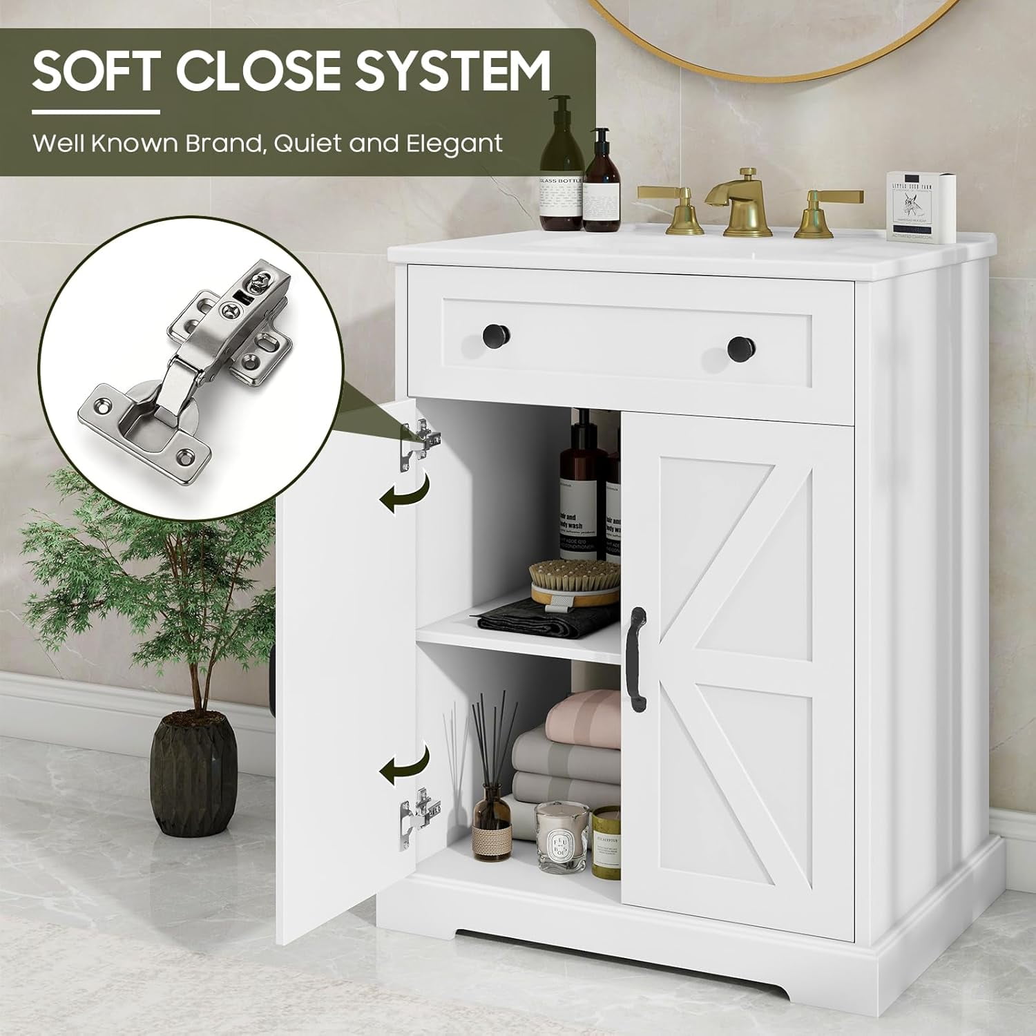 VEANERWOOD 24" Bathroom Vanity with Sink Set, Farmhouse Bathroom Cabinet with Flip Drawer and Doors, White