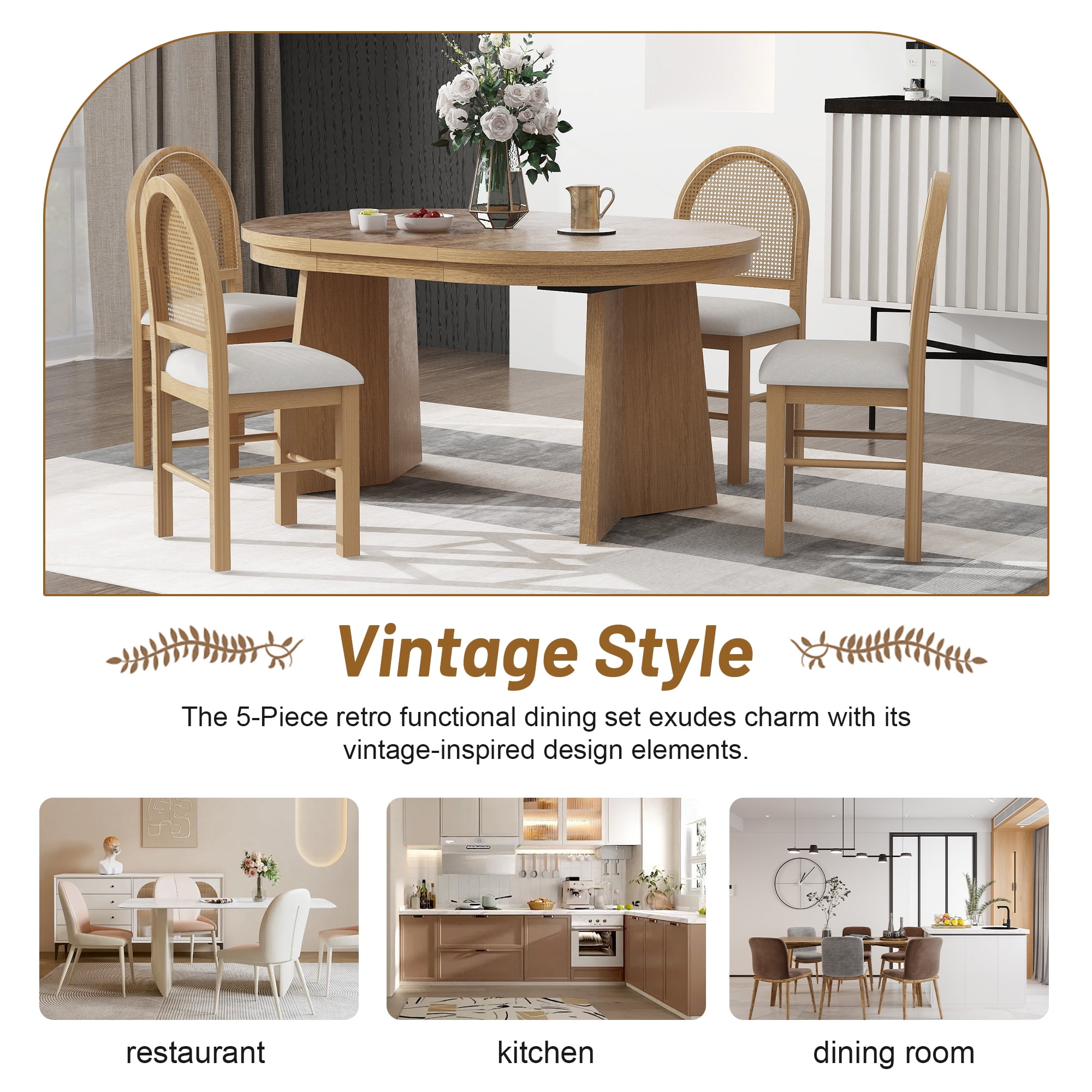 Harper & Bright Designs Round Extendable Dining Table Set for 4, Retro Kitchen Dining Table and 4 Upholstered Chairs with Rattan Backrests for Dining Room, Natural Wood Wash