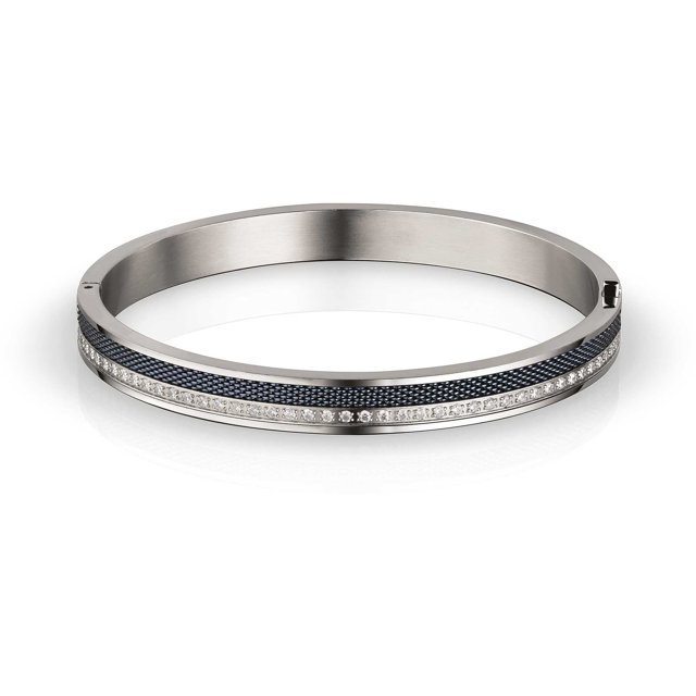 Brazalete BERING de acero plateado pulido con circonitas, 19 cm