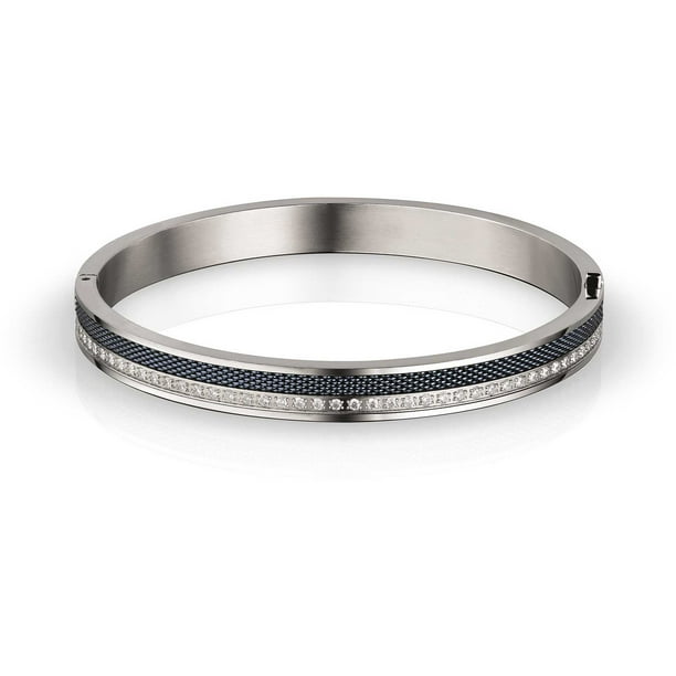 Brazalete BERING de acero plateado pulido con circonitas, 19 cm