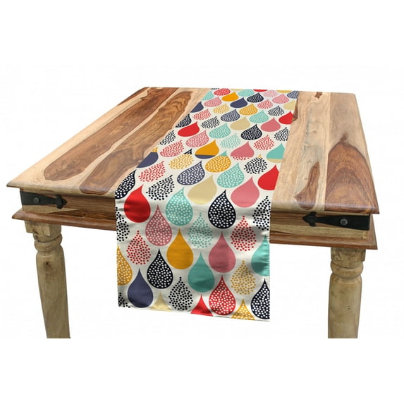 Geometric Table Runner, Raindrops Doodle Style Creative Leaf Shaped Colorful Girls Kids Baby Theme, Dining Room Kitchen Rectangular Runner, 3 Sizes, by Ambesonne