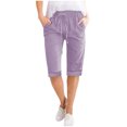 thumbnail image 3 of Fanxing Women's 15" Long Shorts Casual Linen Capris Summer Elastic Waist Hiking Cargo Shorts Lightweight Below The Knee Capri Cropped Pants with Pockets Purple,M, 3 of 8