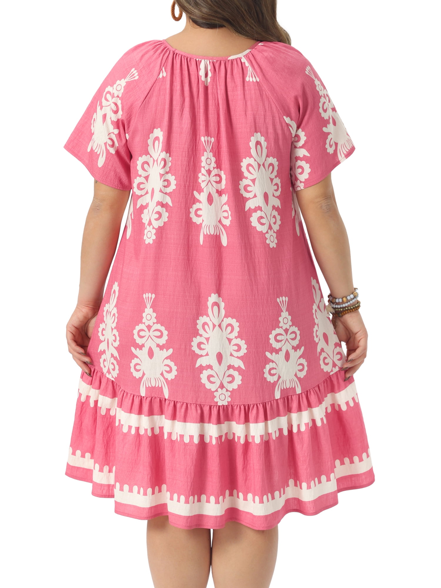 DARING DIVA Women's Plus Size Summer Boho Short Sleeve Flared Midi Dress 4X Pink