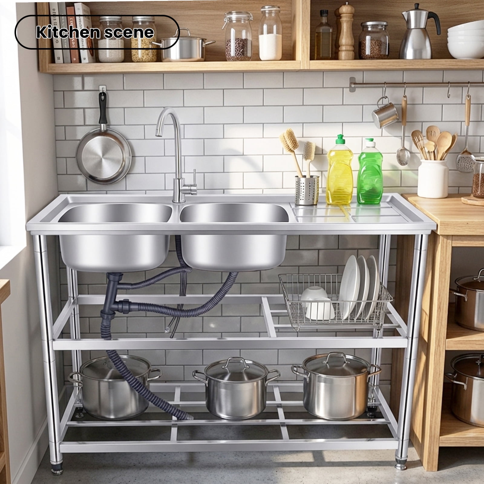 Zhuotong47.2 Inch Heavy-Duty Double Bowl Sink Station, Free-Standing Stainless Steel Utility Sink with Worktop, Lower Storage Shelf and Faucet, for Kitchen, Restaurant, Laundry & Outdoor Use