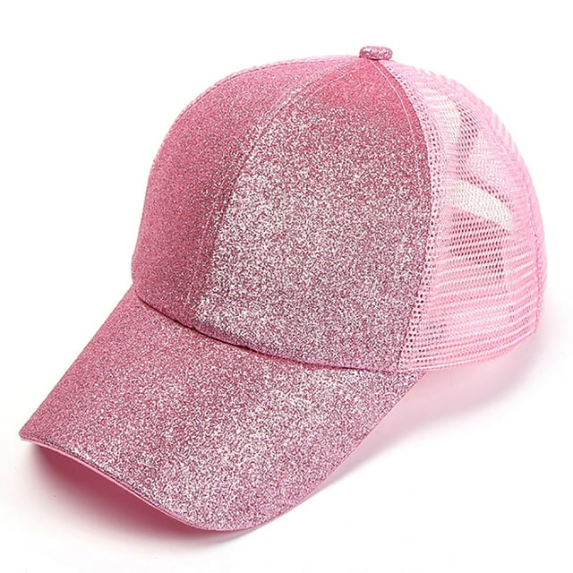 TOPTIE Glitter Ponytail Hat High Bun Mesh back Baseball Cap-Pink
