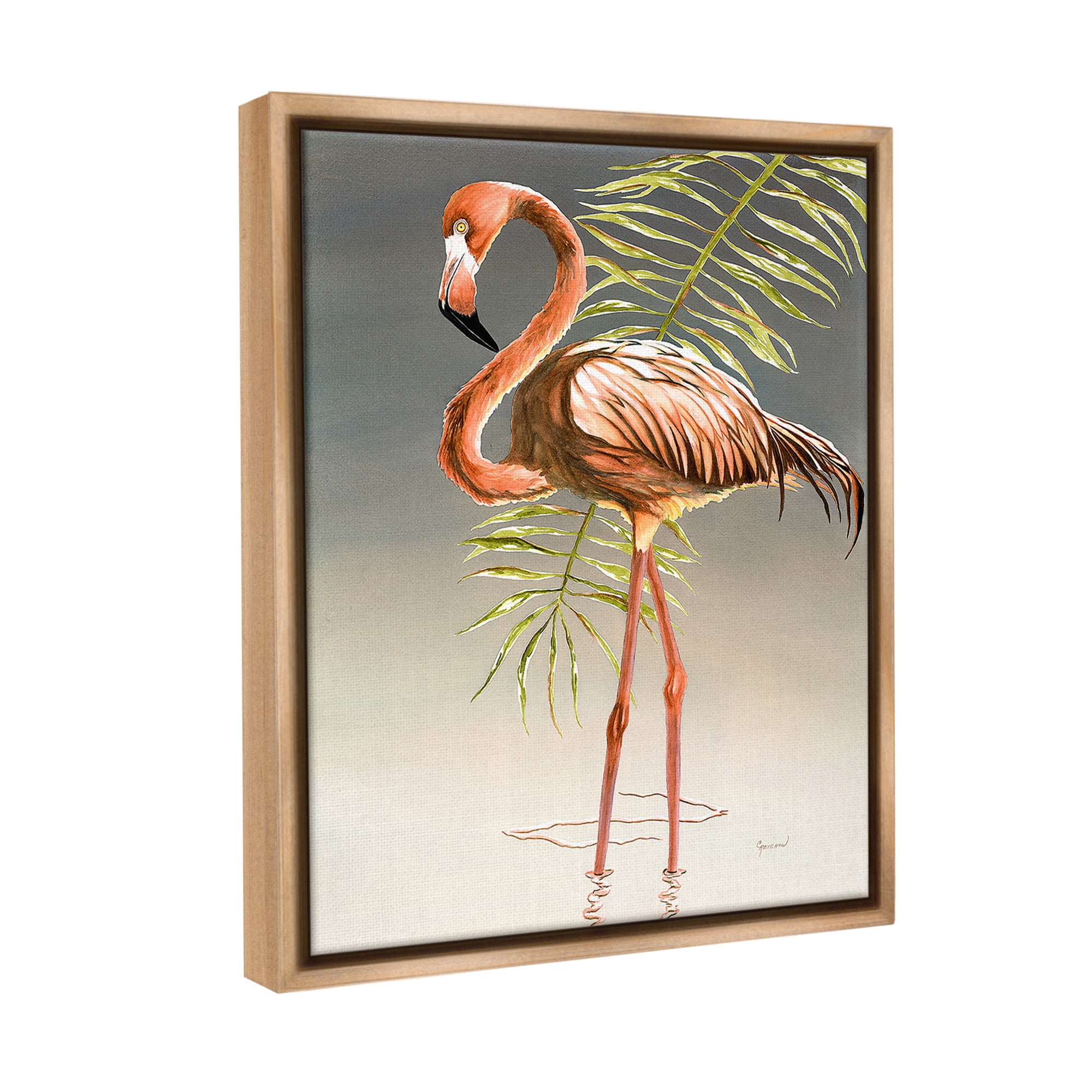 Stupell Industries Flamingo with Water Ripple Animals & Insects Painting Brown Floater Framed Canvas Art Print Wall Art, 25 x 31