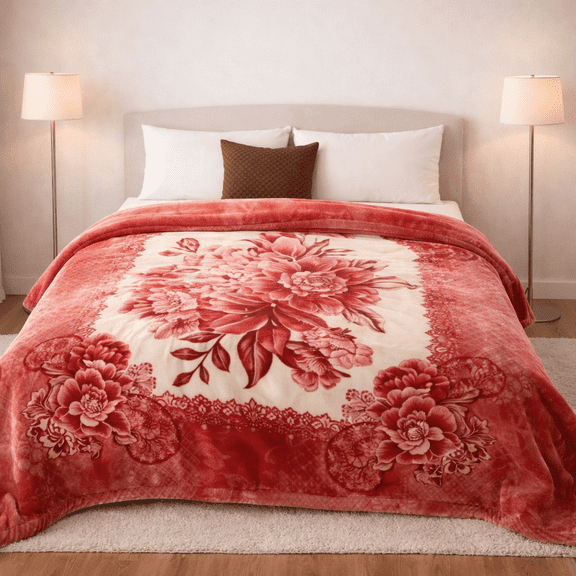 Shu DBOZYQueen Size Heavy Korean Mink Fleece Blanket, Thick Soft Warm Winter Blanket, Single Ply Pink Peony Floral Design