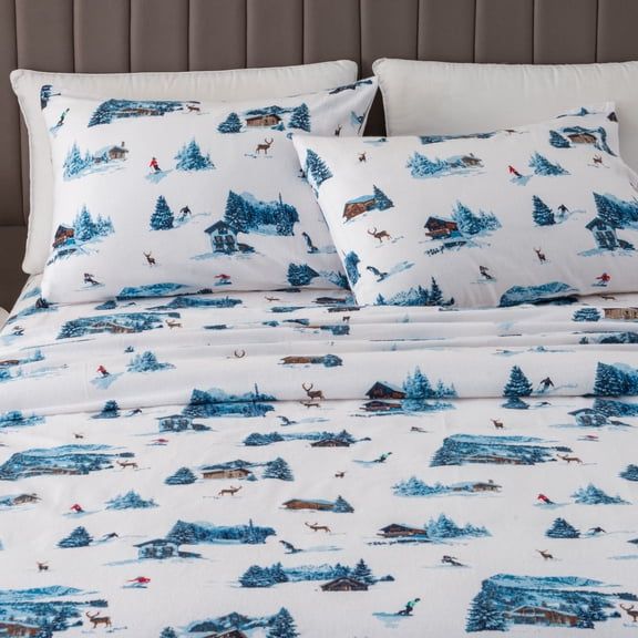 Great Bay Home Outdoorsy Flannel Sheet Set - 100% Turkish Cotton - Double Brushed - Full, Snow Lodge