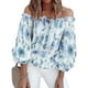 thumbnail image 1 of Blusa informal azul con hombros descubiertos y mangas acampanadas, talla XXL, blusa con mangas con volantes y estampado floral, 1 of 4