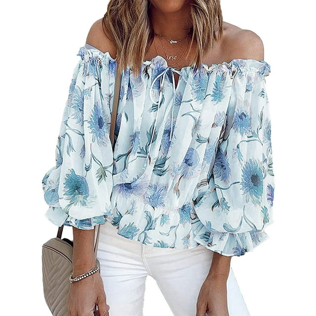 Blusa Con Manga Con Volantes Y Estampado Floral, Con Hombros Descubiertos, Con Mangas Acampanadas, Con Hombros Descubiertos, Con Manga Con Volantes, Informal, Con Manga Con ANGGREK Otros