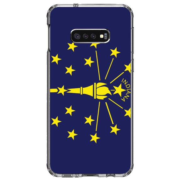 DistinctInk Clear Shockproof Hybrid Case for Samsung Galaxy S10e (5.8" Screen) - TPU Bumper, Acrylic Back, Tempered Glass Screen Protector - Indiana State Flag - US State Flag