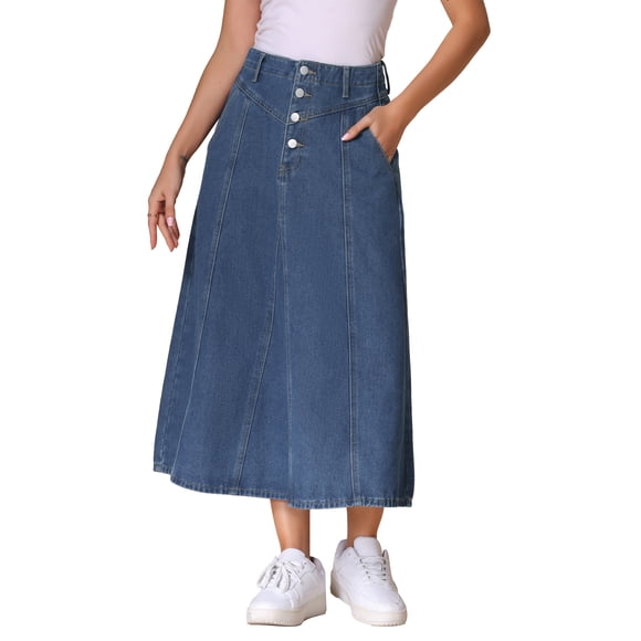 INSPIRE CHIC Women's Long Jean Denim Skirts High Waisted Frayed Midi Skirt with Pockets S Blue