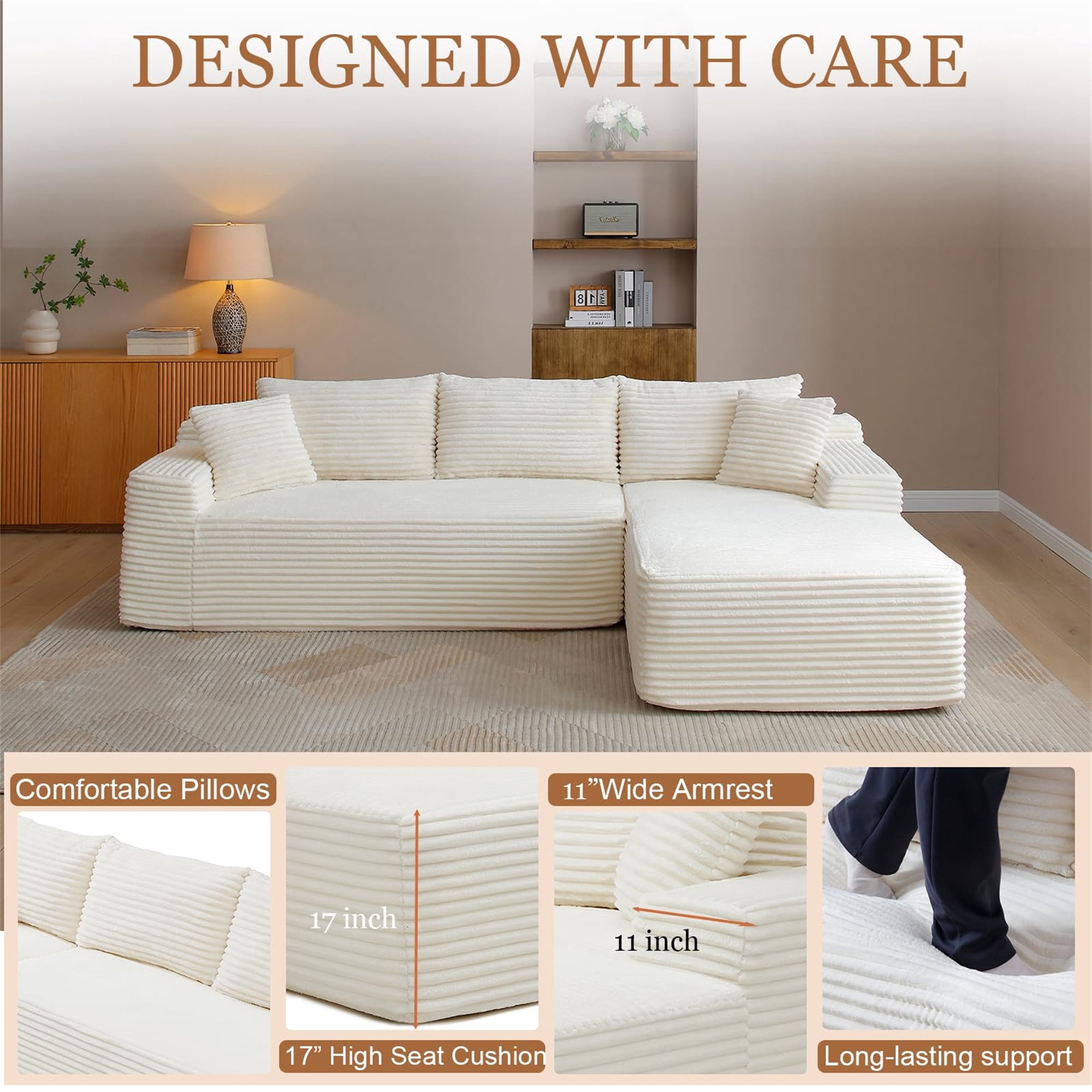Aukfa 105" Cloud Sectional Sofa Boneless Couch Modular Sofa Bed for Living Room, 2Pillows, Right Chiase, Corduroy, Beige