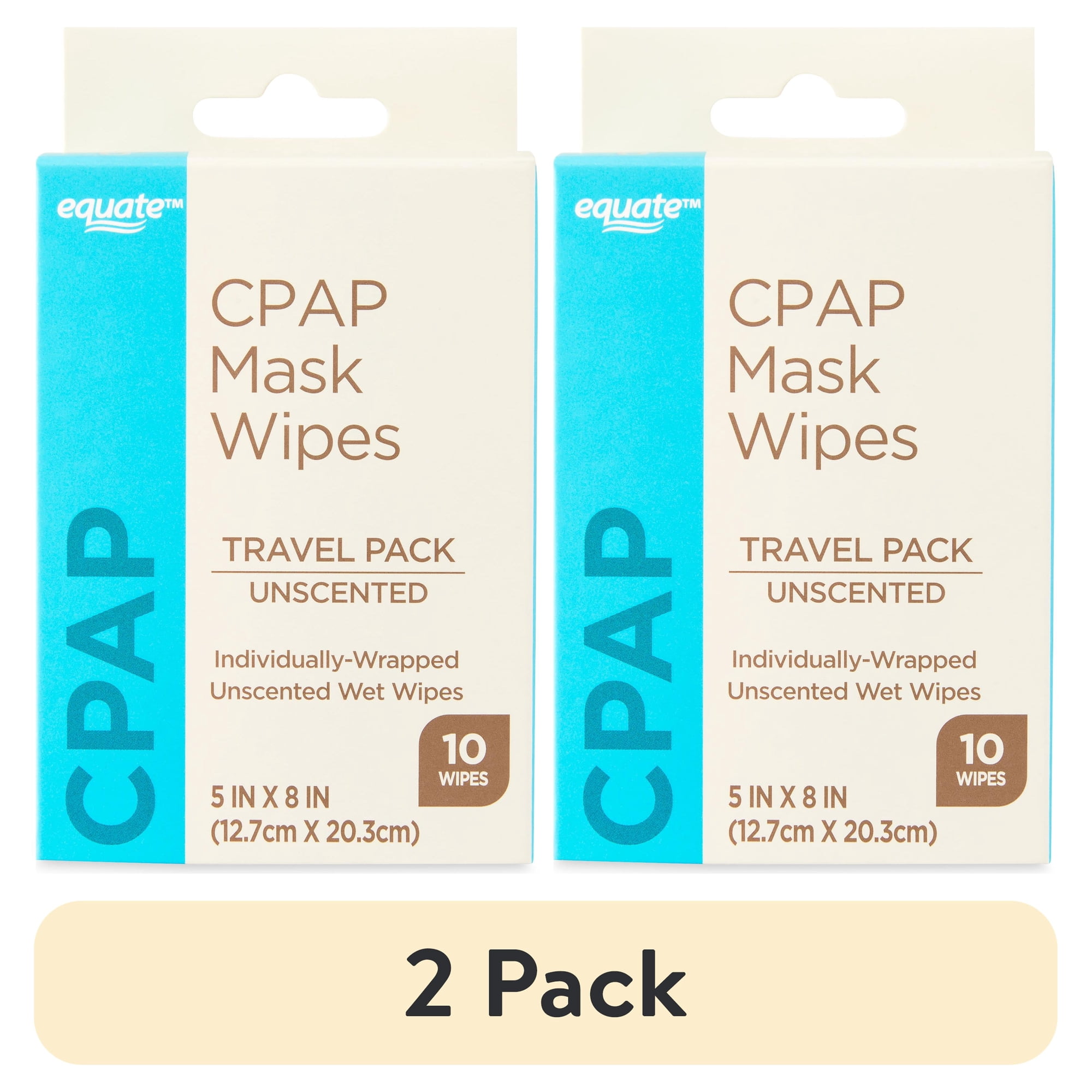 (2 pack) Equate CPAP Mask Wipes, Individually Wrapped, Unscented, 100% Cotton, 10 Count, 1 Pack