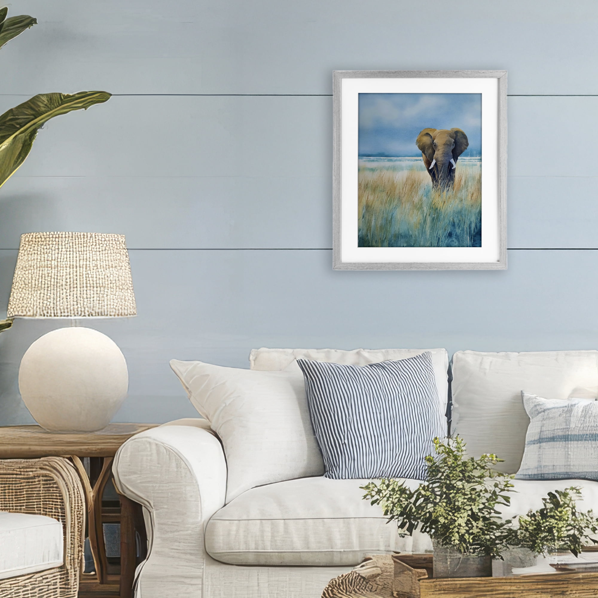 Stupell Industries Blue Grass Elephant Gray Framed Print Under Glass, design by Franklyn Gregory